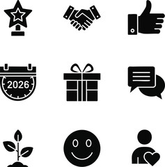 A collection of nine black glyph icons representing business, lifestyle, and concepts