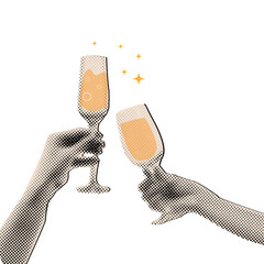 Female hands holding champagne glasses in halftone style ,New year and Christmas celebration concept