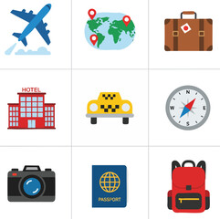 A collection of nine flat design icons representing travel essentials