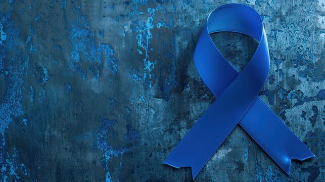 Blue ribbon symbol on textured background representing world diabetes day awareness. Horizontal banner. Copy space. Healthcare and medical concept. Parkinson's disease, Men's health awareness