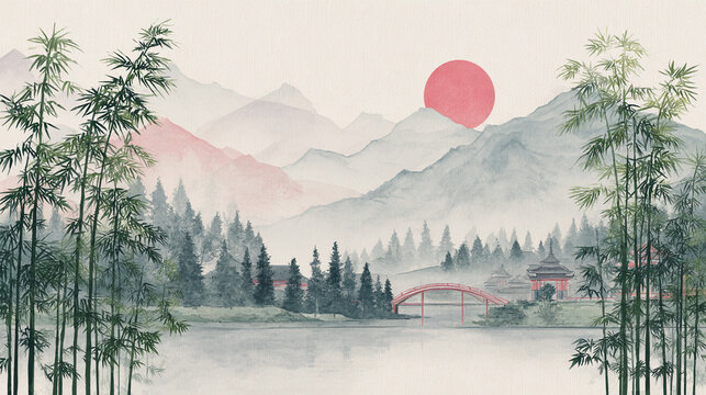 Scenic landscape with mountains, a red sun, and serene water reflecting bamboo and traditional architecture in the background