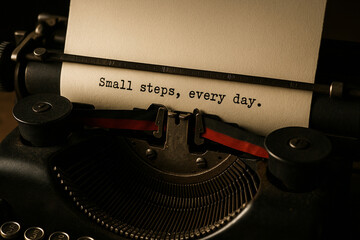 Typewriter note “Small steps, every day” — consistency and progress motivation for productivity content