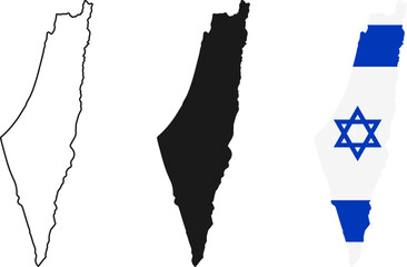 Israel map icon set. Israel map signs - outline, solid and Israeli national flag. Vector.