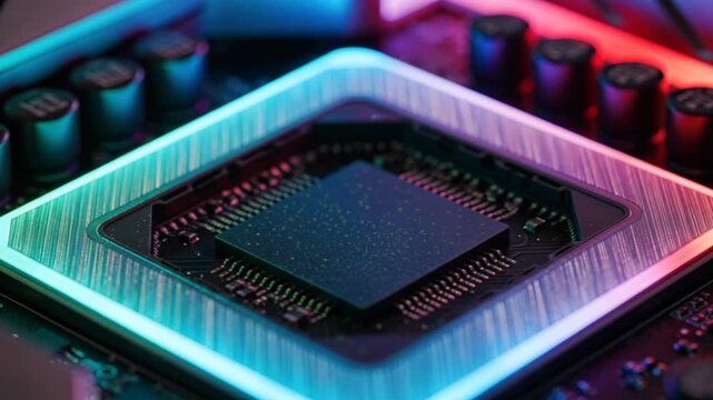 Close-up of a modern CPU with vibrant RGB lighting effects on a high end motherboard