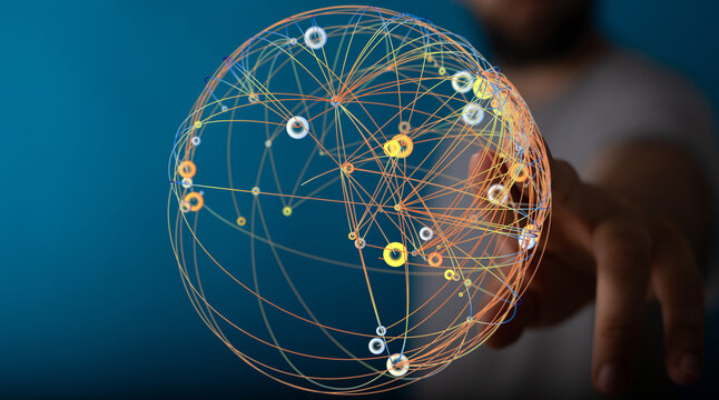 Abstract image showing a digital sphere with connections and a human hand, representing global network, innovation, communication, an