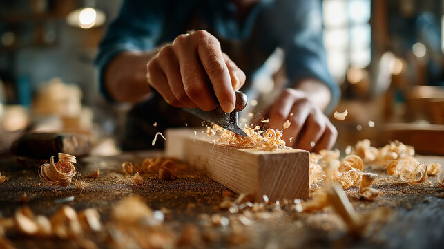 Carpenter sharpening chisel on whetstone, metal shavings and wood curls visible, macro hands, craft, skill, joinery, precision, detail, with copy space