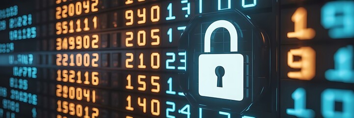 Close-up of a computer screen displaying colorful digital data with a focus on a padlock icon, symbolizing cybersecurity. padlock icon