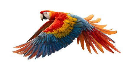 Obraz premium Scarlet macaw flying with vivid feathers spread, tropical parrot showcasing brilliant colors, isolated on white background