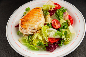 Grilled chicken breast salad chicken breast tomato, green leaf lettuce, salad mix snack vegetables natural product tasty snack fresh gourmet food background on the table rustic top view copy space