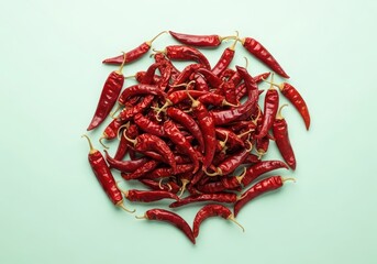 Fototapeta premium Dried red chilies forming a circle on a light green background. Spice and seasoning concept for cooking ingredients and food preparation.