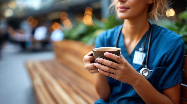 Nurse on hospital bench sipping tea between rounds, badge and stethoscope visible, realism, healthcare, break, resilience, with copy space