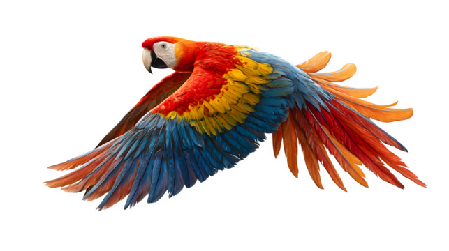 Scarlet macaw flying with vivid feathers spread, tropical parrot showcasing brilliant colors, isolated on white background