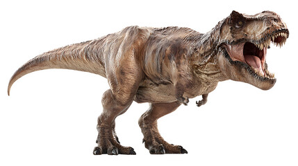 Tyrannosaurus Rex dinosaur standing roaring, detailed skin and teeth, isolated on white background