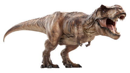 Tyrannosaurus Rex dinosaur standing roaring, detailed skin and teeth, isolated on white background
