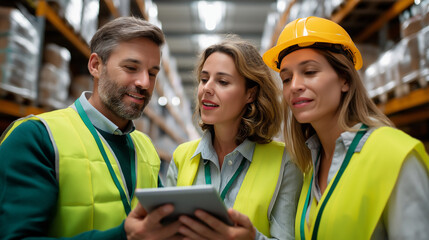 Warehouse supervisors discussing pick routes on tablet among racks, realism, logistics, efficiency, data, teamwork, with copy space