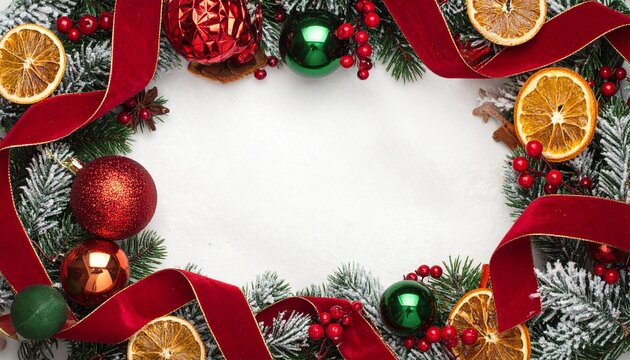 Composición de marco o borde festivo sobre un fondo central de color blanco liso, lo que crea un espacio limpio ideal para añadir texto o una foto.