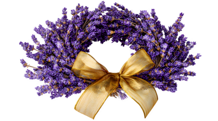 lavender wreath with gold ribbon bow, fragrant floral decor, isolated on white background