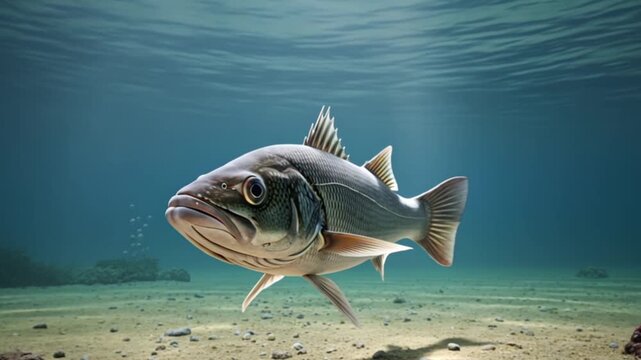 Underwater Fish: Sea Bass Swimming in Clear Blue Ocean Water with Sandy Seabed view