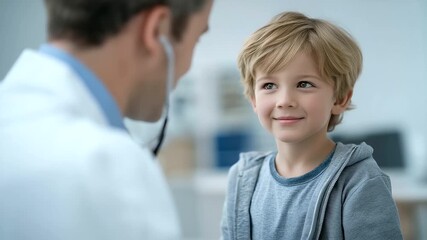 male doctor checking vital signs with stethoscope on pediatric patient bright colors soft child laughter gentle care three quarter wide angle cinematic color correction gentle