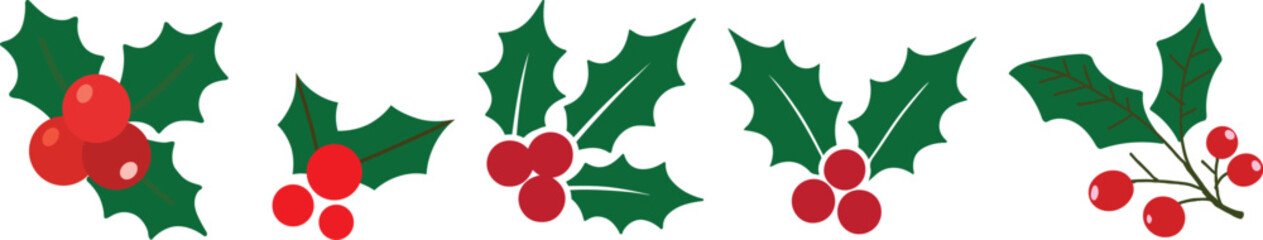Holly berry icons set, Chritmas logo wirh holly berries.Christmas holly berry flat vector illustration icons set ,Cartoon holly leaves and berries.A simple illustration of holly leaves and berries
