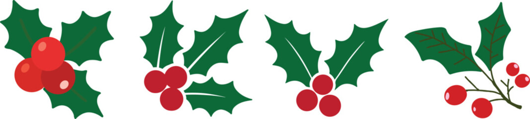 Holly berry icons set, Chritmas logo wirh holly berries.Christmas holly berry flat vector illustration icons set ,Cartoon holly leaves and berries.A simple illustration of holly leaves and berries