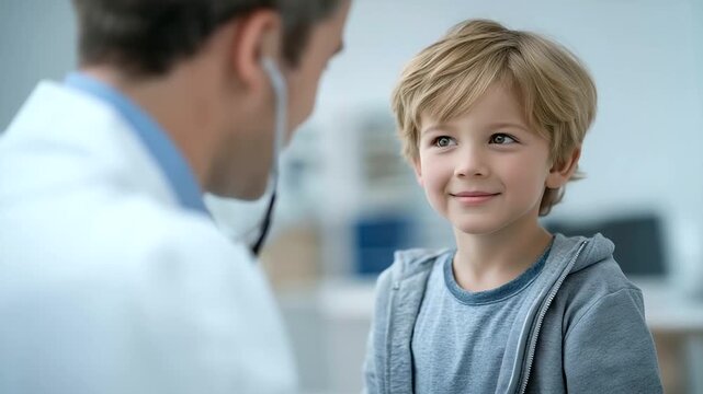 male doctor checking vital signs with stethoscope on pediatric patient bright colors soft child laughter gentle care three quarter wide angle cinematic color correction gentle