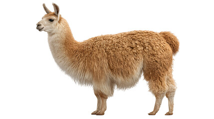 llama standing in side profile, soft brown woolly coat, domesticated Andean mammal, isolated on white background