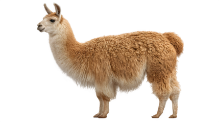llama standing in side profile, soft brown woolly coat, domesticated Andean mammal, isolated on white background
