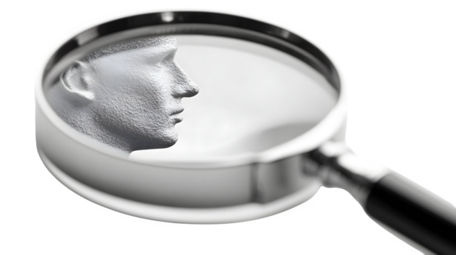 magnifying glass over human profile icon, recruitment and job search concept, isolated on white background