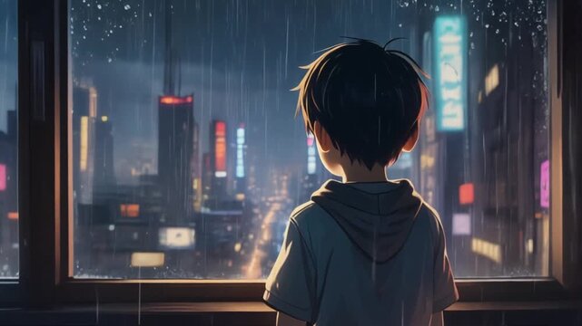 Silhouette boy observing in rain the city Beyond the Window. Fantasy landscape anime or cartoon style, looping video animation background