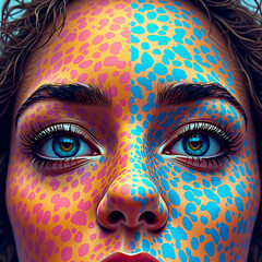 Woman's face with colorful dots creating vibrant, abstract skin pattern, close up portrait