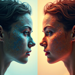 Two women's profiles facing each other, one in blue light, one in orange light