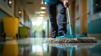 End of day: janitor mopping last corridor, reflection on floor, realism, invisible labor, pride, cleanliness, dedication, with copy space