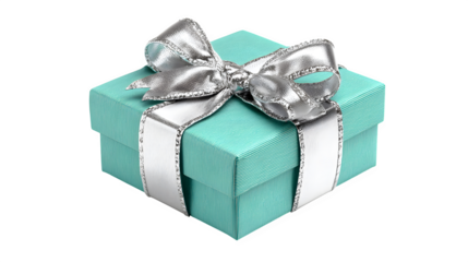mint green gift box wrapped with silver ribbon bow, celebration present, isolated on white background