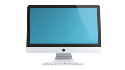 modern blue desktop computer monitor on stand, clean minimal design, isolated on white background