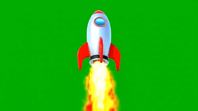 A cartoon rocket with red fins and a white body launching upwards with orange and yellow flames against a green screen background.