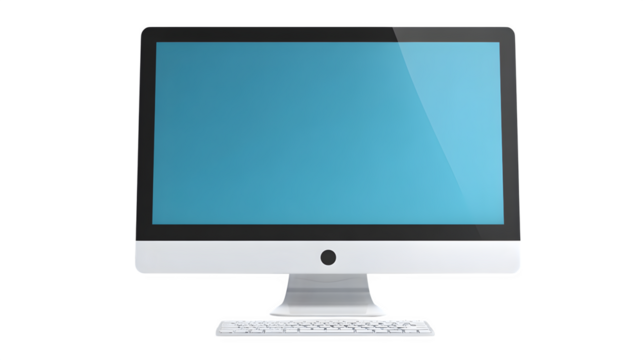 modern blue desktop computer monitor on stand, clean minimal design, isolated on white background