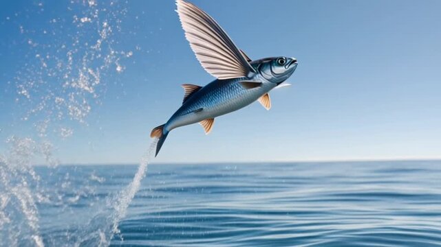 Spectacular Flying Fish Leaping out of the Ocean in Dramatic Sequence and Clear Blue Sky Background