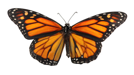 Fototapeta premium monarch butterfly resting with open wings, orange and black pattern, natural detail, isolated on white background
