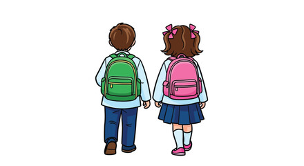 Two young students with backpacks walking away from the viewer