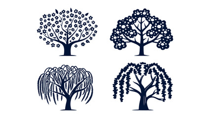 Four Distinct Tree Silhouettes: Four unique tree silhouettes, each showcasing a different arboreal form, a graphic illustration ideal for symbolizing natural diversity or environmental themes.