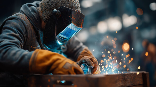 Welder packing rods, grinder discs, and fire blanket into crate, realism, fabrication, steelwork, safety, prep sequence, industry, with copy space