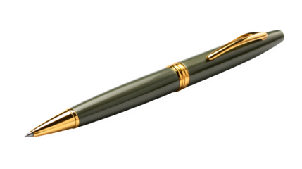 olive-green ballpoint pen with golden trim, elegant writing instrument, isolated on white background