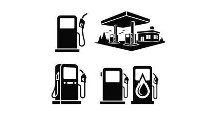 Black and white illustrations of various gas pump and station designs