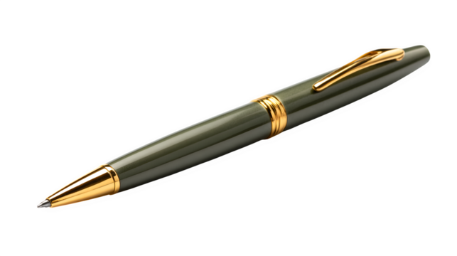 olive-green ballpoint pen with golden trim, elegant writing instrument, isolated on white background