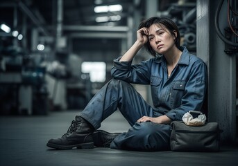 Tired Asian female worker sitting on a factory floor looking stressed. Industrial employee experiencing job burnout and fatigue. Workplace mental health and pressure concept with copy space