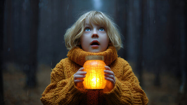Surprised Blond Child Holding Glowing Orange Lantern in Dark Forest