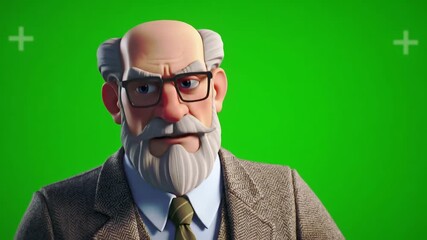 Animated 3D Character of a Senior Man with Glasses and a Beard Expressing Various Emotions on a Green Screen Background for Easy Compositing. - Powered by Adobe