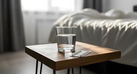 A close-up view of a bedside table with a glass of water and medication.