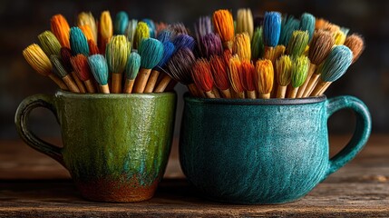 Two colorful ceramic mugs filled with paint brushes on rustic wooden table